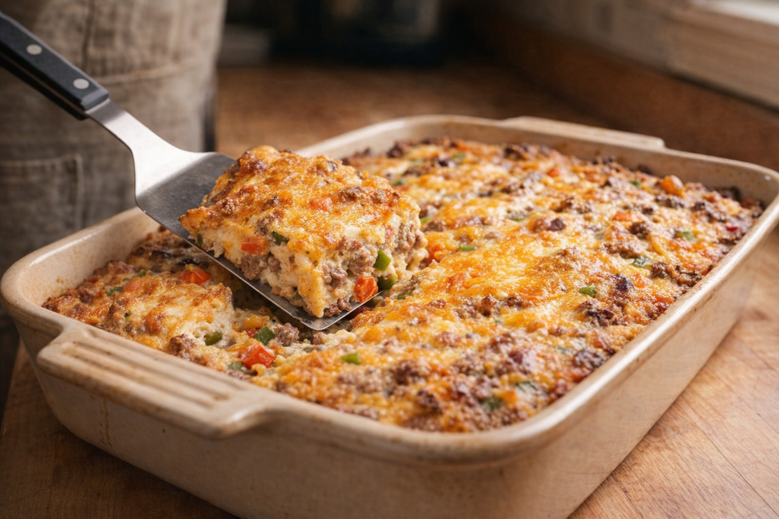 A golden brown breakfast casserole with visible sausage, cheese, and vegetables, served in a ceramic baking dish with a spatula. Warm, inviting kitchen lighting.